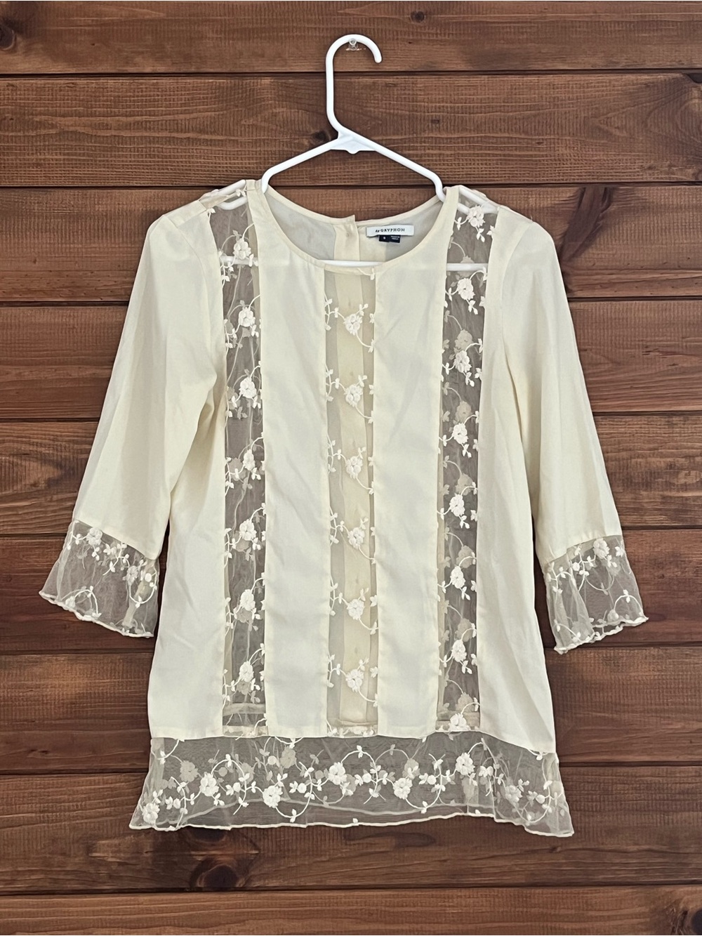 Anthropologie by Gryphon Camellia Ivory Lace-Panel 3/4 Sleeve Blouse size Small